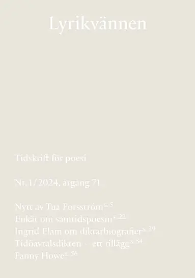 Tua Forsström, Nils-Åke Hasselmark, Erik Janson, Katja Palo, Elis Monteverde Burrau, Ingrid Elam, Fanny Howe, Donia Saleh, Lars Gustaf Andersson, Athena Farrokhzad, Merima Dizdarević, Burcu Sahin - Lyrikvännen 1(2024), Övrigt