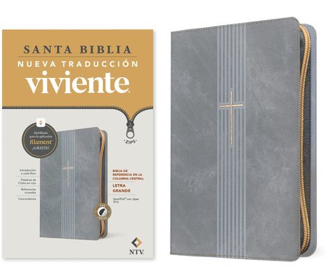 Nueva Traducción Viviente - Biblia de Referencia En La Columna Central Ntv, Letra Grande de Zíper Con Filament (Sentipiel, Gris, Índice, Letra Roja), Inbunden